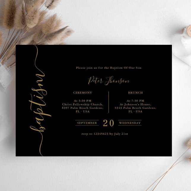 Einfache schwarz-goldene Script-Taufen Geschlecht  Einladung (Von Creator hochgeladen)