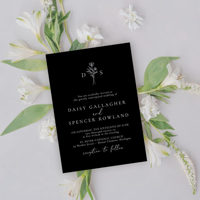 Einfache Schwarz-Moderne Bläsermonogramm-Hochzeit Einladung (Von Creator hochgeladen)