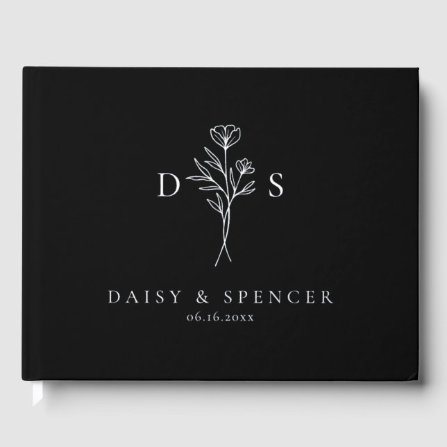 Einfache Schwarz-Moderne Bläsermonogramm-Hochzeit Gästebuch (Vorderseite)
