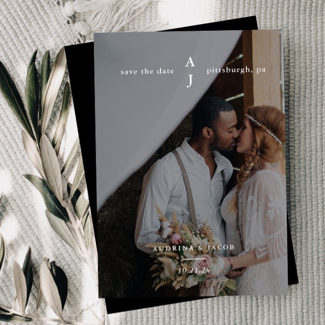Einfache Schwarz-Monogramm-Foto-Hochzeit Save The Date (Von Creator hochgeladen)