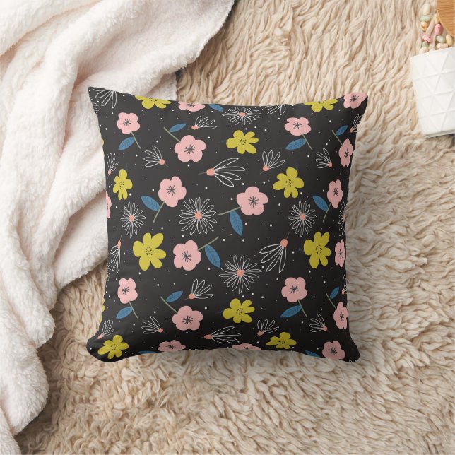 Einfache Schwarz-Rosa-Illustration Blumenmuster Kissen (Decke)
