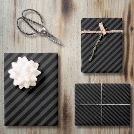 Einfache schwarz-schwarz-schmale Diagonalstreifen Geschenkpapier Set