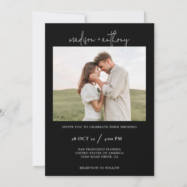 Einfache Schwarz Stilschrift mit Foto Wedding Einladung (Vorderseite)