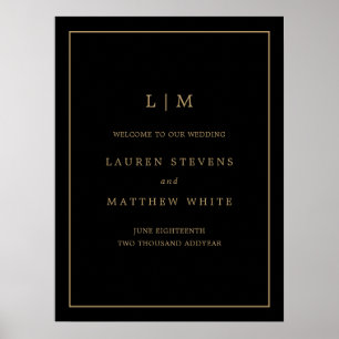 Einfache Schwarz und Gold Monogram Elegante Hochze Poster