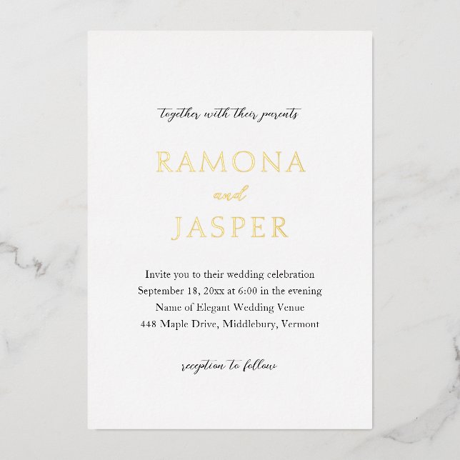 Einfache Schwarz und Weiß Moderne Hochzeit Folieneinladung (Vorderseite)