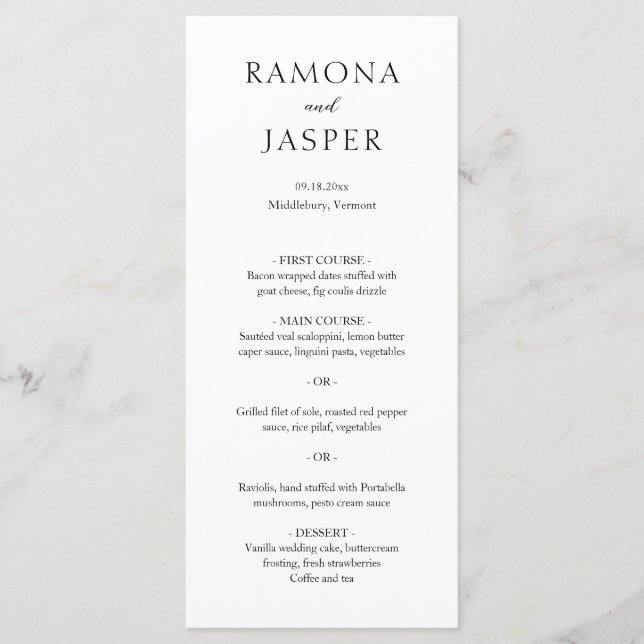 Einfache Schwarz und Weiß Moderne Hochzeit Menükarte (Vorderseite)