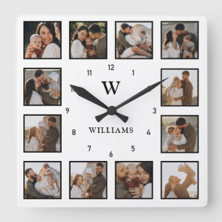 Einfache Schwarz-Weiß-12-Foto-Collage Anfangsbuchs Quadratische Wanduhr
