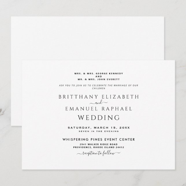 Einfache Schwarz/Weiß Beide Eltern aufgeführt Einl Einladung (Vorne/Hinten)