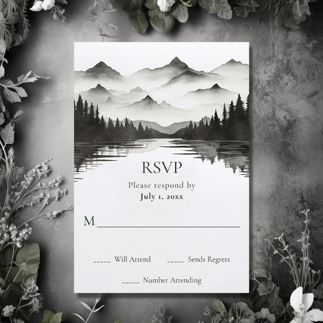 Einfache Schwarz-Weiß-Bergsee Hochzeit RSVP Karte (Front - Simple Black and White Mountain Lake Wedding RSVP Card)