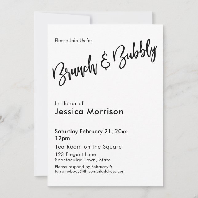Einfache Schwarz-Weiß-Brunch- und Bubbly-Typografi Einladung (Vorderseite)