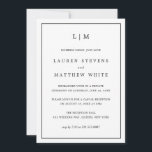 Einfache Schwarz-Weiß-Elegante Hochzeit-Empfang Einladung<br><div class="desc">Einfache Hochzeitsankündigung mit Empfang-Einladung in modernem und dennoch elegantem Design mit zwei Buchstaben Monogramm oben und Ihren Details umgeben von einem dünnen Rand. Der gesamte Text ist schwarz, auf weißem Hintergrund und die Rückseite schwarz. Die Schriftart und Hintergrundfarben können durch Anklicken des Buttons "Anpassen" in beliebig viele Farben geändert werden....</div>