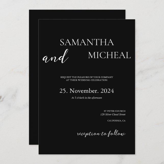 Einfache Schwarz/Weiß Elegante Minimalistische Hoc Einladung (Vorne/Hinten)