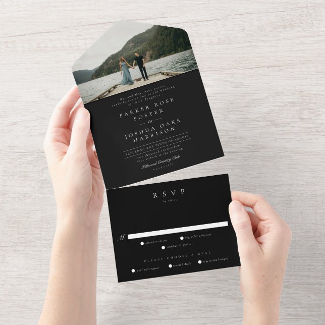 Einfache Schwarz-Weiß-Foto-Hochzeit All In One Einladung (Abreißen)