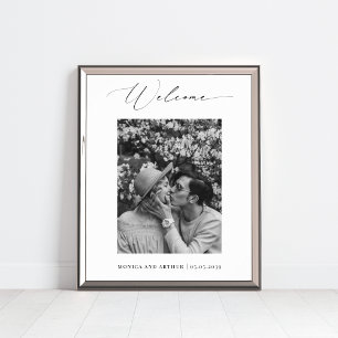 Einfache Schwarz-Weiß-Foto-Hochzeit Begrüßungszeic Poster