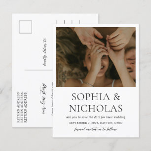 Einfache Schwarz-Weiß-Foto-Hochzeit speichern Sie Ankündigungspostkarte