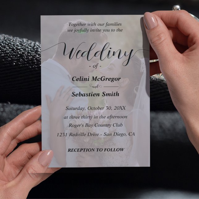 Einfache Schwarz-Weiß-Foto-Overlay-Hochzeit Einladung (Elegant Photo Wedding Invitation - Minimalist Design)