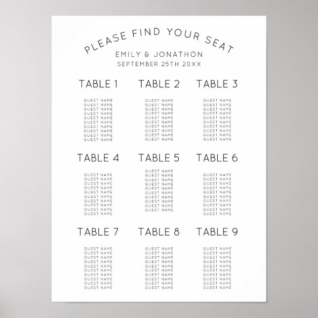 Einfache Schwarz-Weiß-Hochzeitstabelle Poster (Vorne)