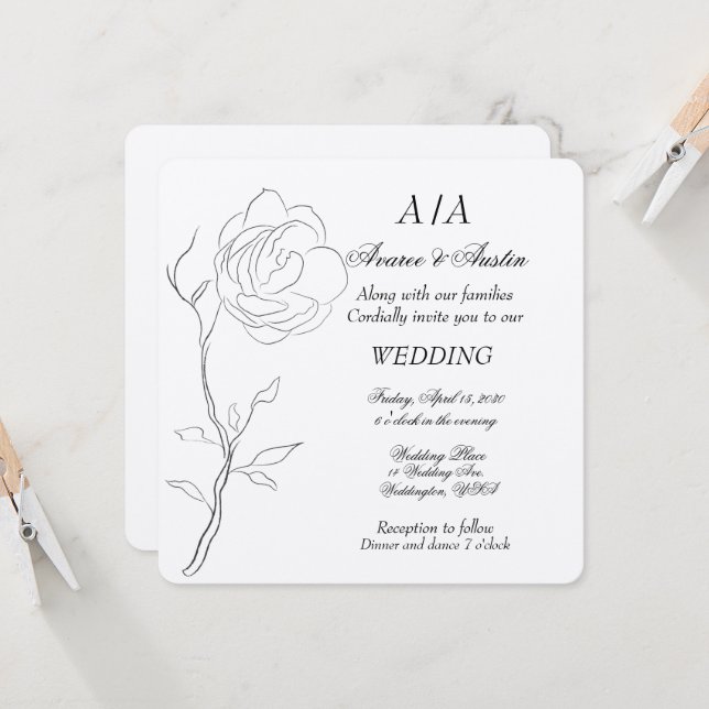 Einfache Schwarz-Weiß-Jasmine-Stem Einladung (Vorderseite/Rückseite Beispiel)