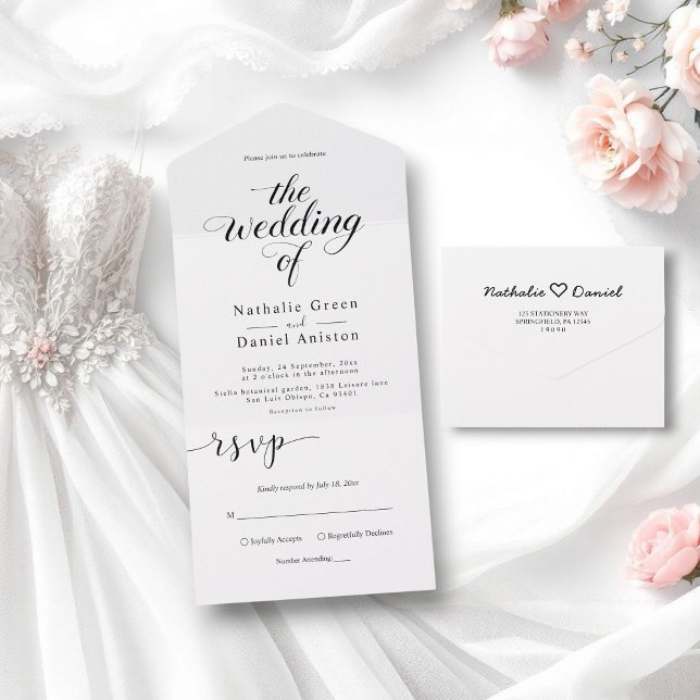 Einfache Schwarz-Weiß-Kalligrafie-Hochzeit All In One Einladung (Von Creator hochgeladen)