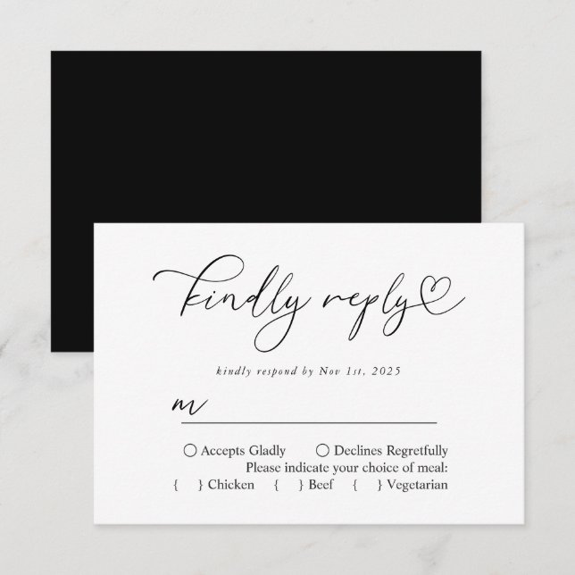 Einfache Schwarz-Weiß-Kalligraphie RSVP Karte (Vorne/Hinten)
