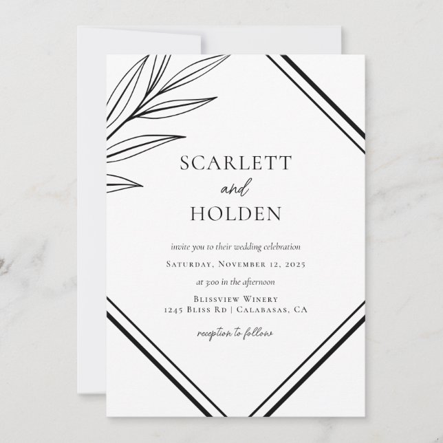 Einfache Schwarz-Weiß-Leaf-Hochzeit Einladung (Vorderseite)