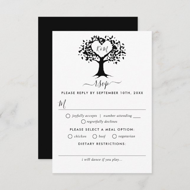 Einfache Schwarz-Weiß-Monogram-Herz-Hochzeit RSVP Karte (Vorne/Hinten)
