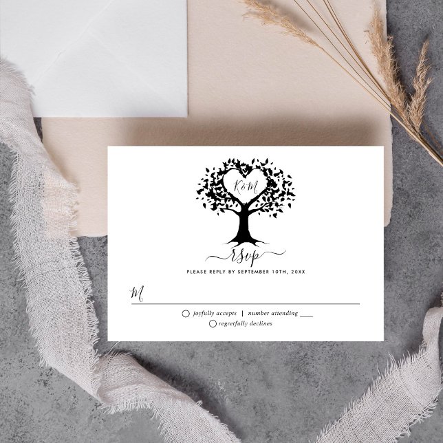 Einfache Schwarz-Weiß-Monogram-Herz-Hochzeit RSVP Karte (Von Creator hochgeladen)