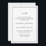 Einfache Schwarz-Weiß-Monogramm-Elegante Hochzeit Ankündigung<br><div class="desc">Einfache Hochzeitsankündigung mit modernem und elegantem Design, oben mit zwei Buchstaben-Monogramm und Ihren Details, umgeben von einer dünnen Grenze. Der gesamte Text ist schwarz, über einen weißen Hintergrund und die Schriftart und Hintergrundfarben können durch Klicken auf die Schaltfläche "Anpassen" in alle gewünschten Farben geändert werden. Die Vorlage enthält traditionelle Formulierungen...</div>