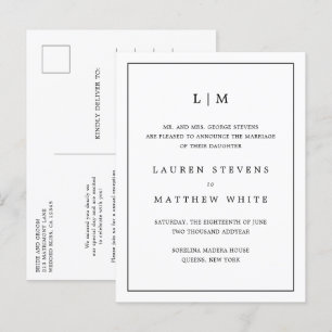 Einfache Schwarz-Weiß-Monogramm-Elegante Hochzeit Ankündigungspostkarte