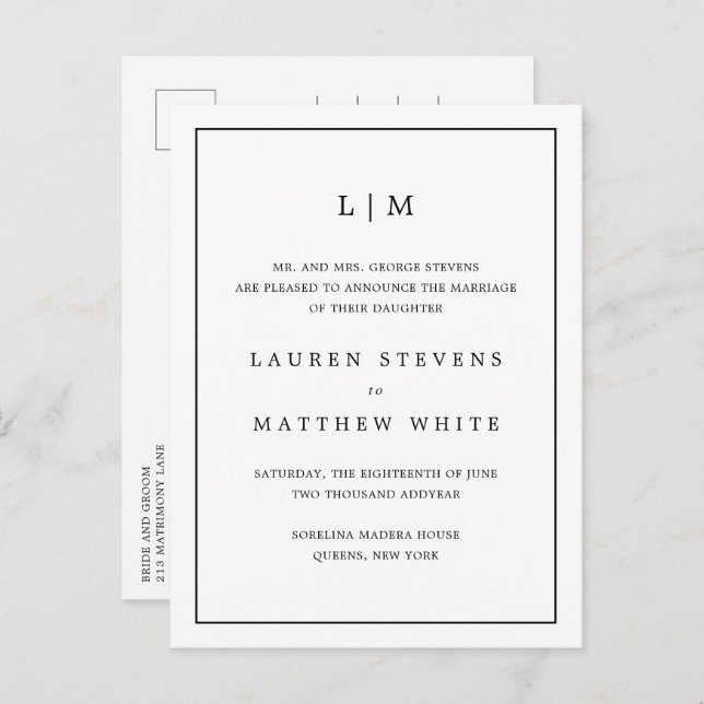 Einfache Schwarz-Weiß-Monogramm-Elegante Hochzeit Ankündigungspostkarte (Vorne/Hinten)