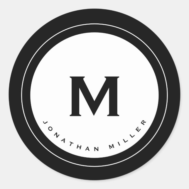 Einfache Schwarz-Weiß-Monogramm, Initial & Name Runder Aufkleber (Vorderseite)