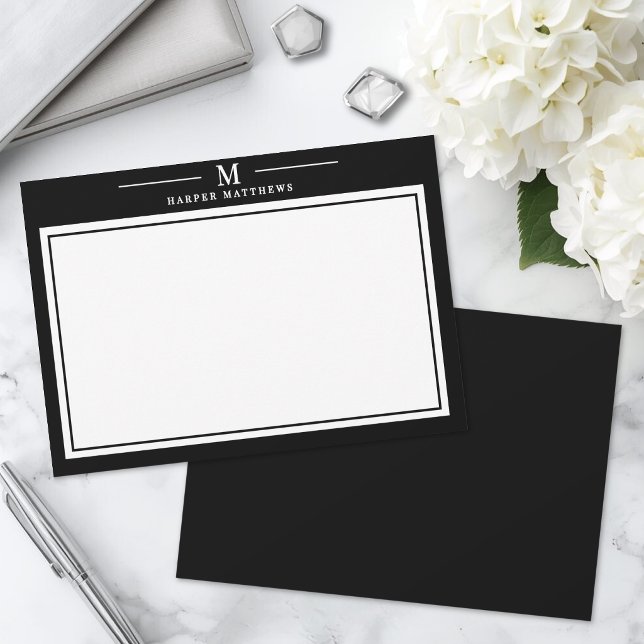 Einfache Schwarz-Weiß-Monogramm-Korrespondenz Mitteilungskarte (Simple Black and White Monogram Stationery Note Card )