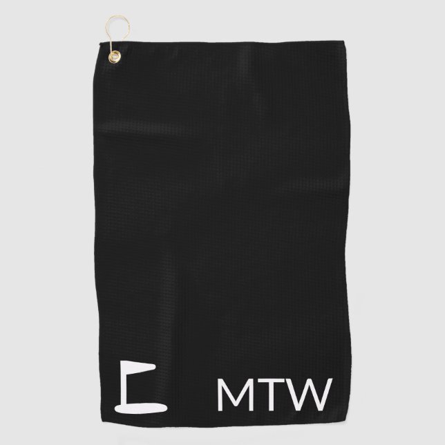 Einfache Schwarz-Weiß-Monogramm mit Golf-Flagge Golfhandtuch (Vorderseite)