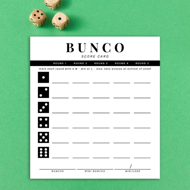 Einfache Schwarz-Weiß-Punktekarte Notepad Notizblock (modern tear-off notepad Bunco score card with black dice graphics and accents)