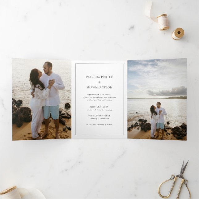 Einfache Schwarz-Weiß QR Code Elegante Hochzeit Dreifach Gefaltete Einladung (Innenseite)