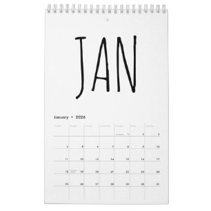 Einfache Schwarz-Weiß-Schrift 2026 Kalender