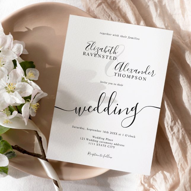 Einfache Schwarz-weiß-Script-Hochzeit Einladung (Von Creator hochgeladen)