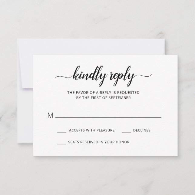 Einfache Schwarz-Weiß-Script-Hochzeit RSVP Karte (Vorderseite)