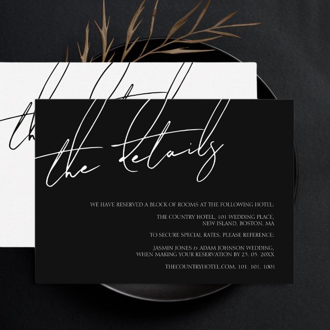 Einfache Schwarz-Weiß-Script-Hochzeitsdetails Begleitkarte (Von Creator hochgeladen)