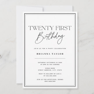 Einfache Schwarz-Weiß-Typografie 21. Geburtstag Einladung