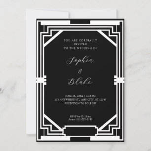 Einfache Schwarz/Weiß Vintag Art Déco Hochzeit Einladung