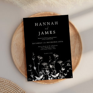 Einfache Schwarz-Weiß-Wildblume Hochzeit Einladung