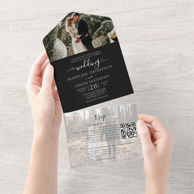 Einfache Schwarz-weiße 2-Foto QR Code UAWG Wedding All In One Einladung (Abreißen)