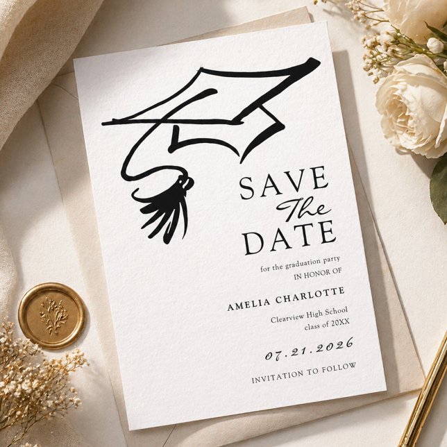 Einfache Schwarz-Weiße Abschlussfeier Save The Date (Von Creator hochgeladen)