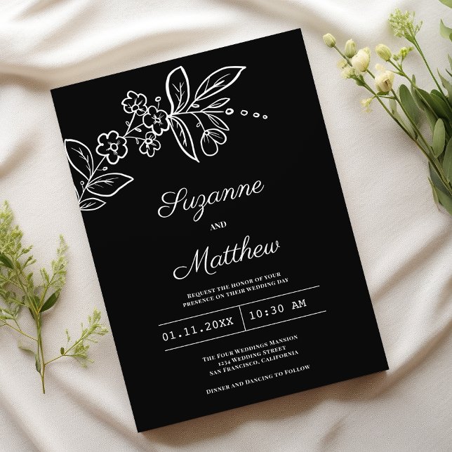 Einfache Schwarz-weiße Blumenhochzeit Einladung (Simple elegant black white floral wedding)