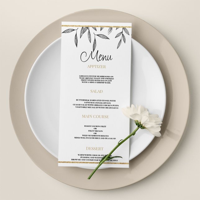 Einfache Schwarz-weiße Goldfolienauswahl für Hochz Programm (Simple black white gold foliage Wedding Menu)