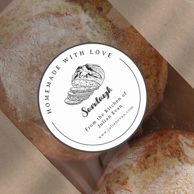 Einfache, schwarz-weiße, hausgemachte Quetschheber Runder Aufkleber (Simple Black and White Homemade Sourdough Sticker)