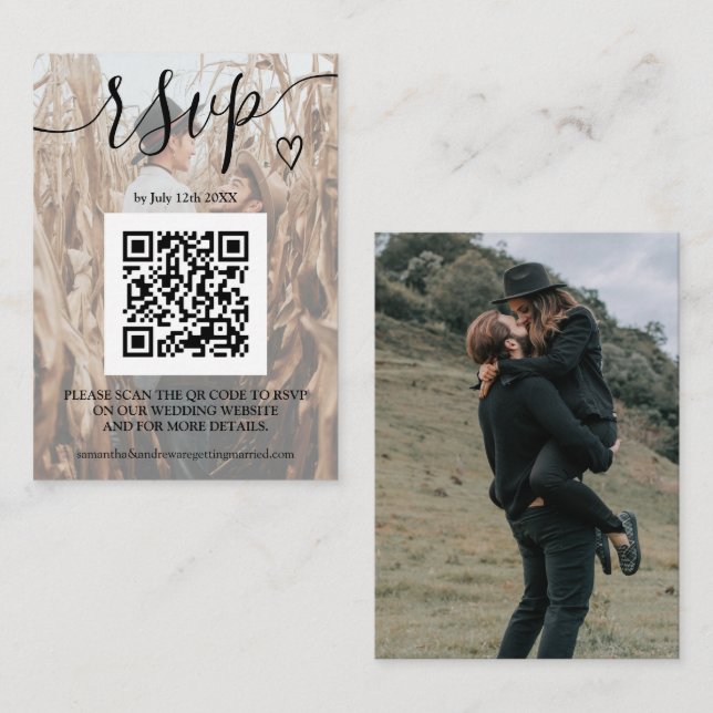 Einfache Schwarz-weiße Hochzeit rsvp Qr Code 2 Fot Begleitkarte (Vorne/Hinten)