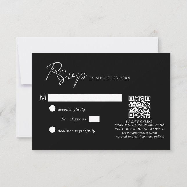 Einfache Schwarz-weiße Script QR Code Hochzeit RSVP Karte (Vorderseite)