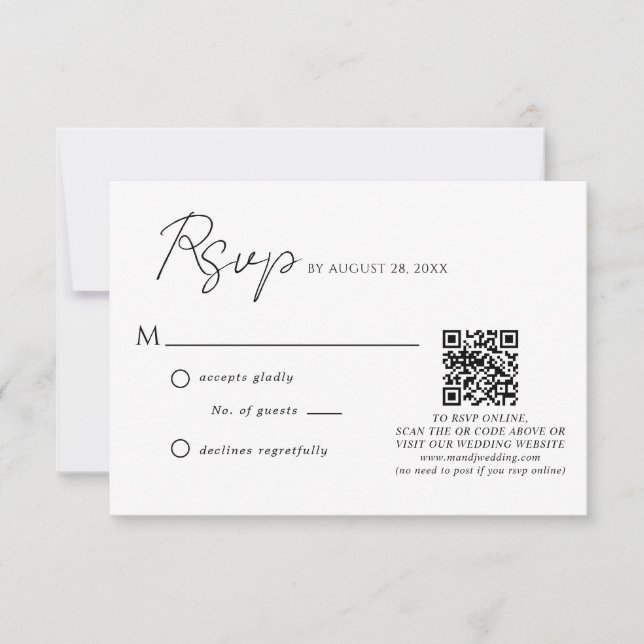 Einfache Schwarz-weiße Script QR Code Hochzeit RSVP Karte (Vorderseite)